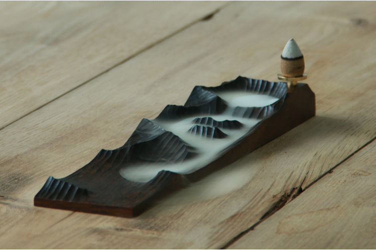 Cloudscape Drift—Natural wood Backflow Incense Burner Mountain & Plain Sculpture,Smoke Flow Art