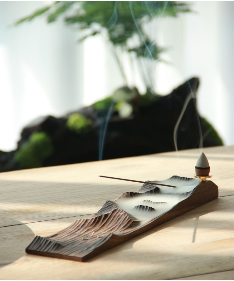 Cloudscape Drift—Natural wood Backflow Incense Burner Mountain & Plain Sculpture,Smoke Flow Art