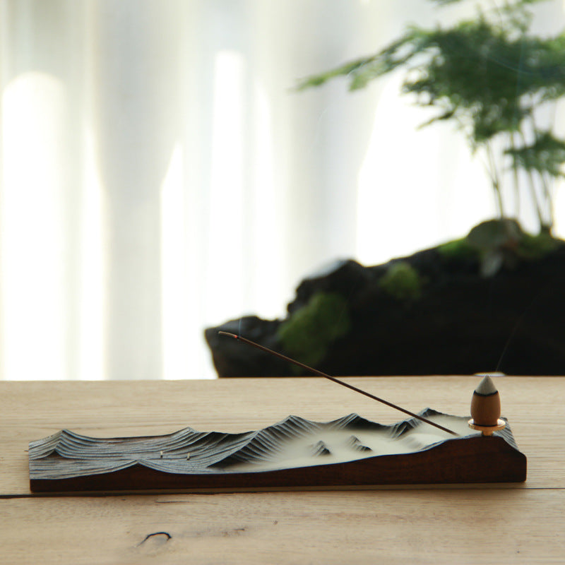 Cloudscape Drift—Natural wood Backflow Incense Burner Mountain & Plain Sculpture,Smoke Flow Art
